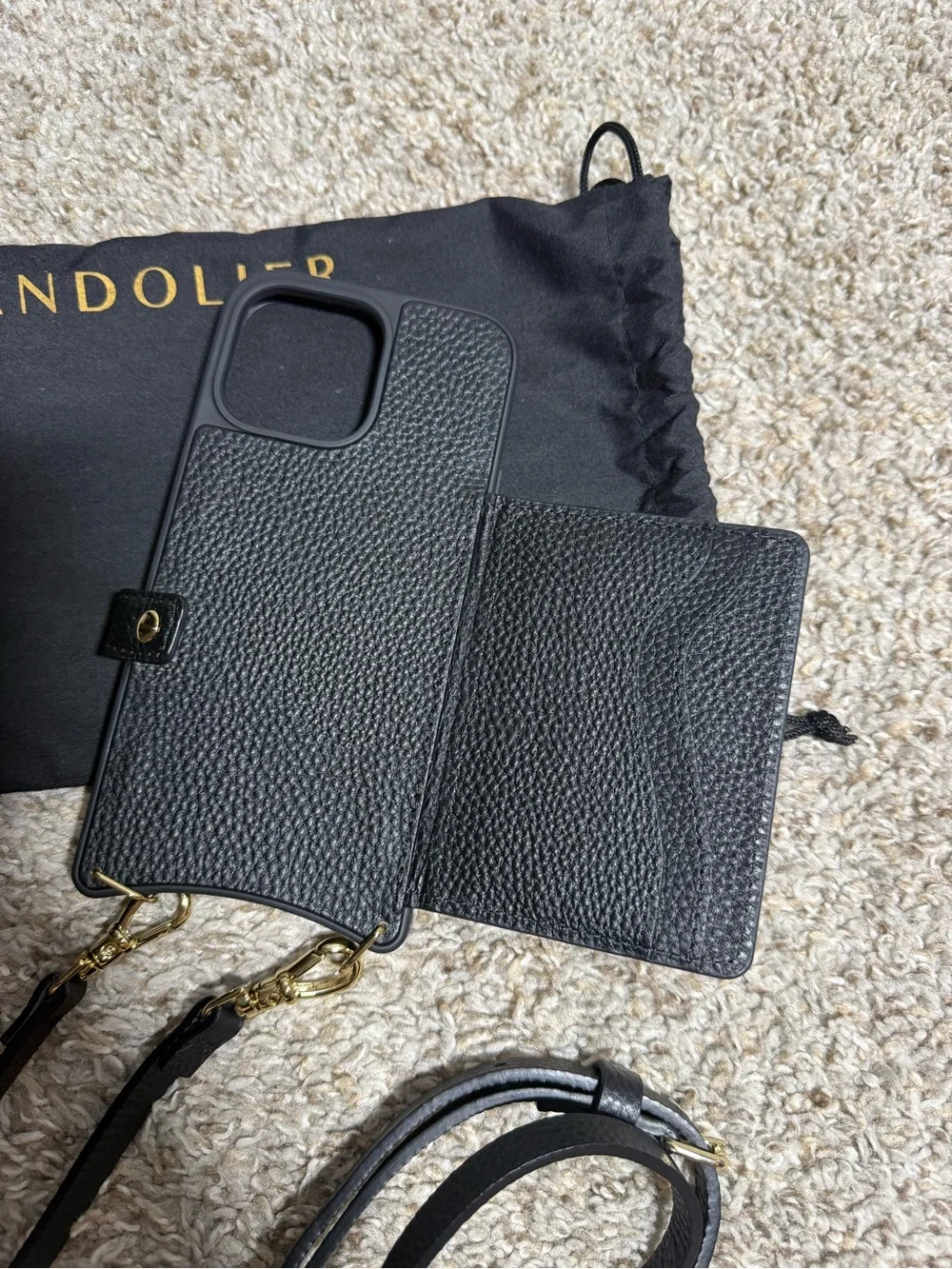 Bandolier Black Pebble Leather Crossbody iPhone 15 Pro Max Case Wallet + Strap